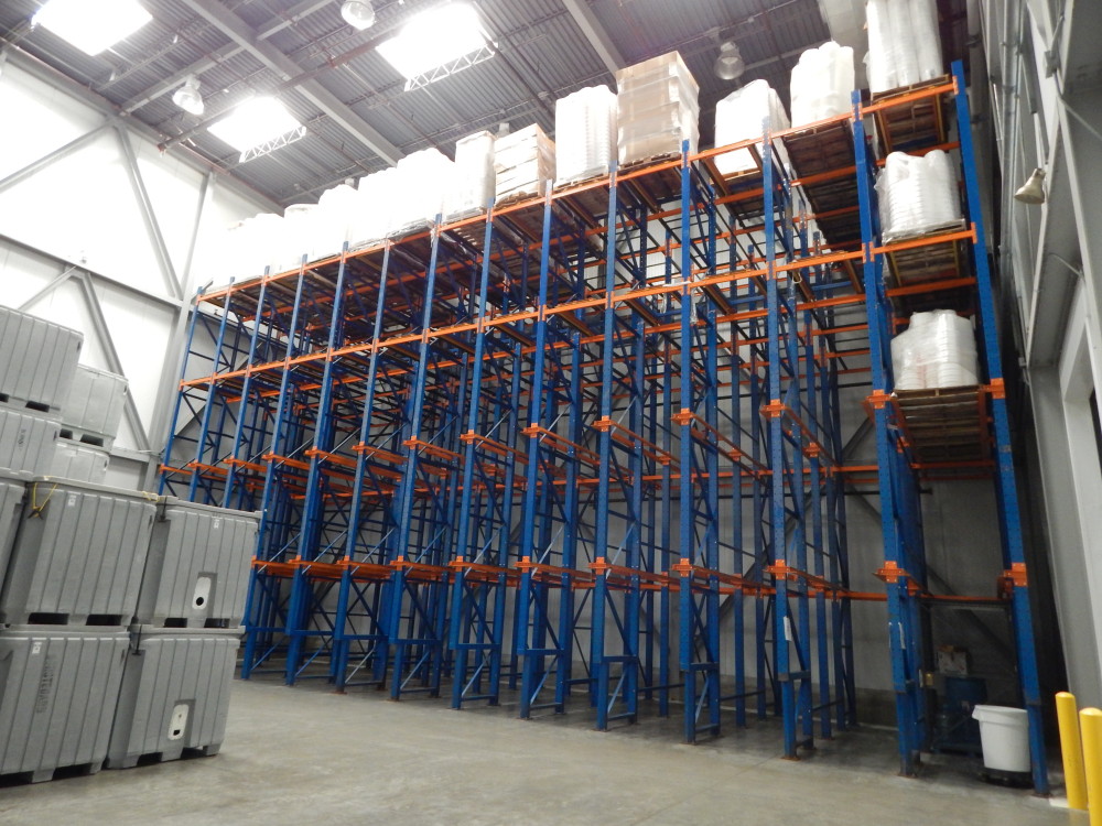 Freezer/cooler room, 43 foot high ceiling, 5 high and 4 deep racking